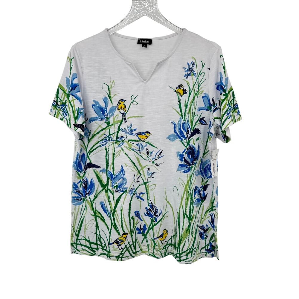 Links blouse size M notched V neck yellow bird novelty print blue white floral